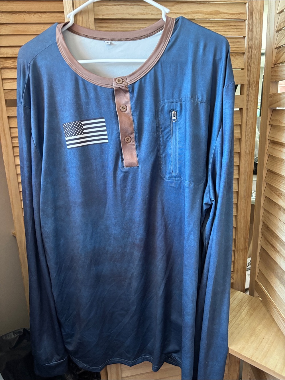 Men's Blue Long-Sleeve Henley Shirt with Chest Flag Detail 2XL